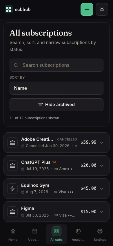 SubHub showing all tracked subscriptions with prices and billing details.